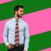 Heet Roze en Groen Gestreept Stropdas (Dikke Strep