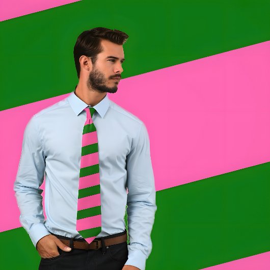 Heet Roze en Groen Gestreept Stropdas (Dikke Strep