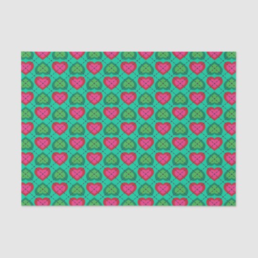 Heet Roze en Groene Harten Argyle Patroon Tissuepapier (Voorkant)