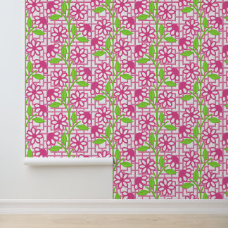 Heet roze en limoen bloemen op bamboe latwerk behang