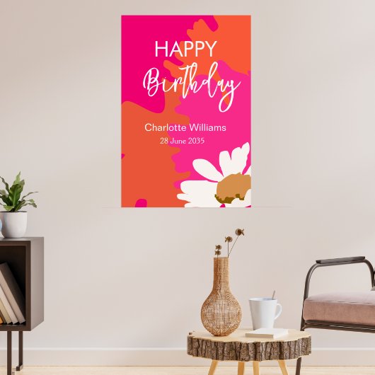 Heet Roze en Oranje Bloemen Happy Birthday Party Poster (Woonkamer 3)