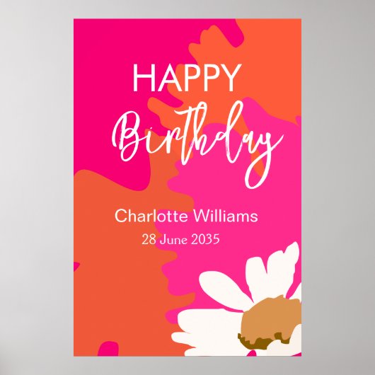 Heet Roze en Oranje Bloemen Happy Birthday Party Poster (Voorkant)