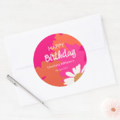 Heet Roze en Oranje Bloemen Happy Birthday Party Ronde Sticker (Envelop)