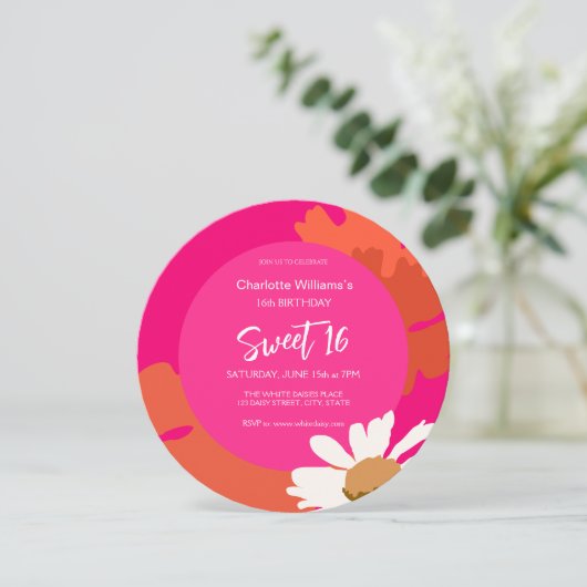 Heet Roze en Sinaasappel Bloemen Zestien Verjaarda Kaart (Staand voorkant)