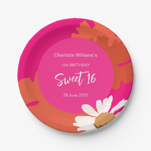 Heet Roze en Sinaasappel Bloemen Zestien Verjaarda Papieren Bordje (Voorkant)