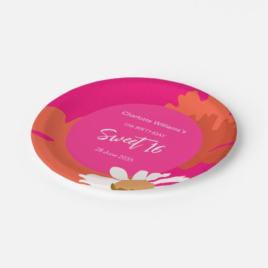 Heet Roze en Sinaasappel Bloemen Zestien Verjaarda Papieren Bordje (Gekanteld)