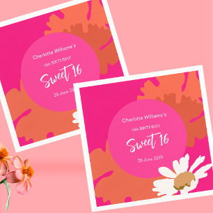 Heet Roze en Sinaasappel Bloemen Zestien Verjaarda Servet