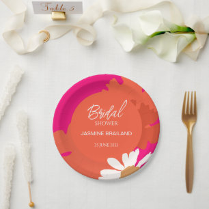 Heet Roze en Sinaasappel Daisy Abstract Floral Bri Papieren Bordje