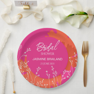 Heet Roze en Sinaasappel Daisy Abstract Floral Bri Papieren Bordje