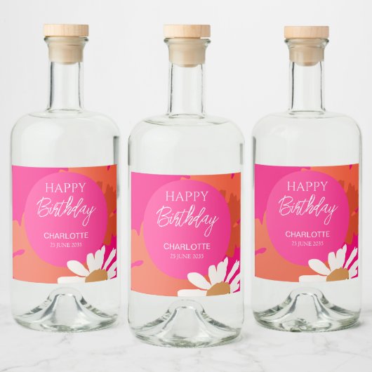 Heet Roze en Sinaasappel Daisy Floral Verjaardagsf Likeurfles Etiket (Flessen)