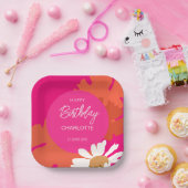 Heet Roze en Sinaasappel Daisy Floral Verjaardagsf Papieren Bordje (Feest)