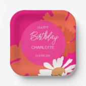 Heet Roze en Sinaasappel Daisy Floral Verjaardagsf Papieren Bordje (Voorkant)