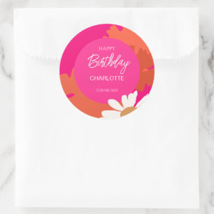 Heet Roze en Sinaasappel Daisy Floral Verjaardagsf Ronde Sticker