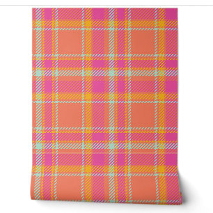 Heet Roze en Sinaasappel Plaid Behang