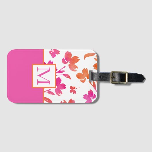 Heet Roze en Sinaasappel Waterverf Bloem Stengels Bagagelabel (Voorkant (horizontaal))