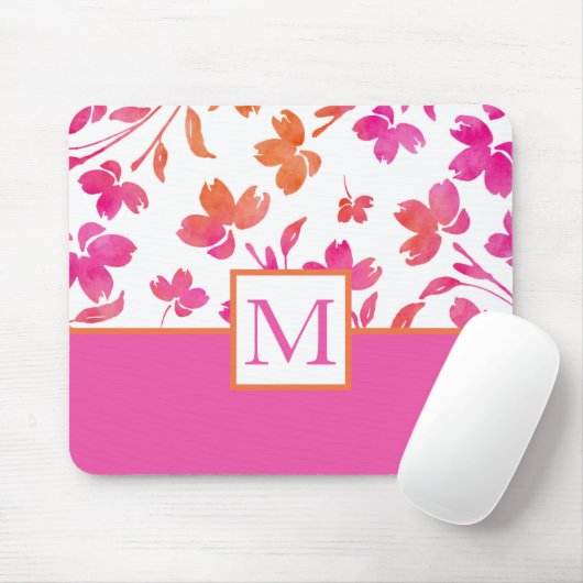 Heet Roze en Sinaasappel Waterverf Bloem Stengels Muismat (Met muis)