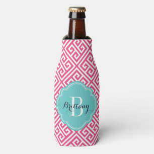 Heet Roze en Turquoise Griekse Sleutel Monogram Flesjeskoeler