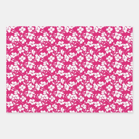 Heet roze en wit bloemmotief inpakpapier vel (Voorkant 3)