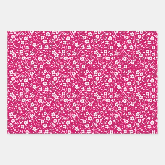 Heet roze en wit bloemmotief inpakpapier vel (Voorkant 2)
