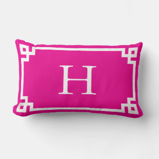 Heet Roze en Wit Grieks Sleutel Monogram Kussen