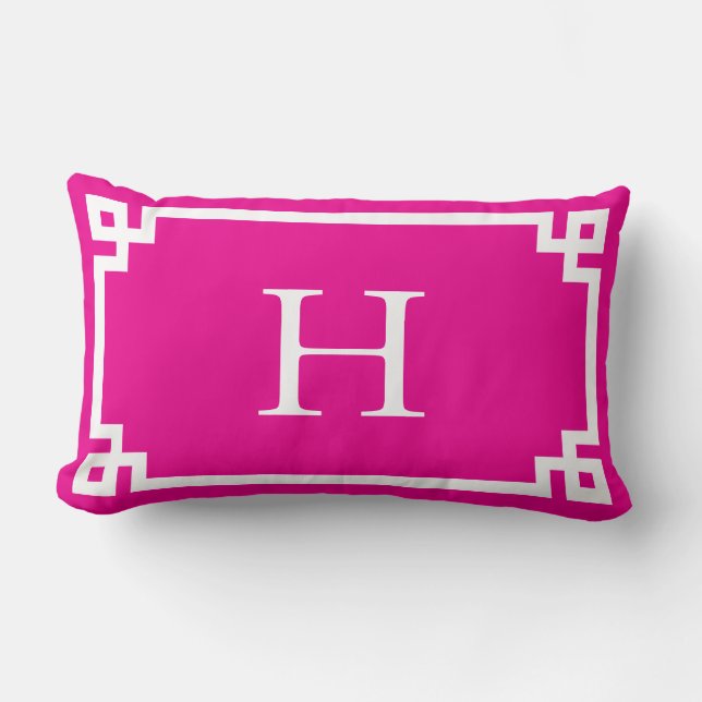 Heet Roze en Wit Grieks Sleutel Monogram Kussen (Voorkant)
