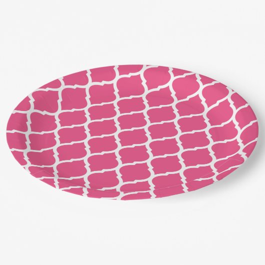 Heet Roze en Wit Marokkaans Quatrefoil Papieren Bordje (Gekanteld)