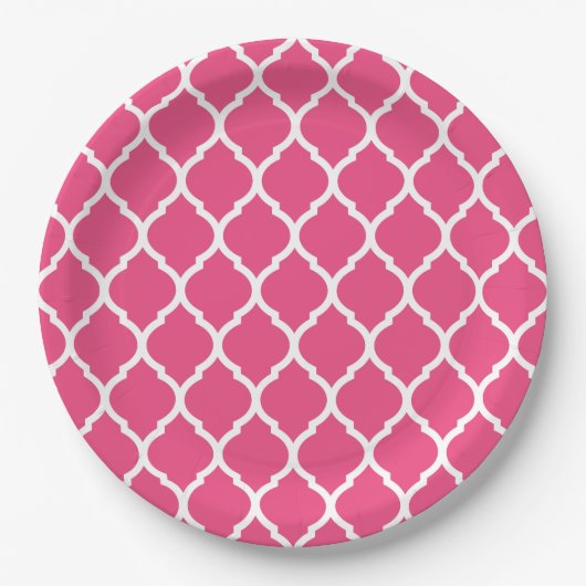 Heet Roze en Wit Marokkaans Quatrefoil Papieren Bordje (Voorkant)
