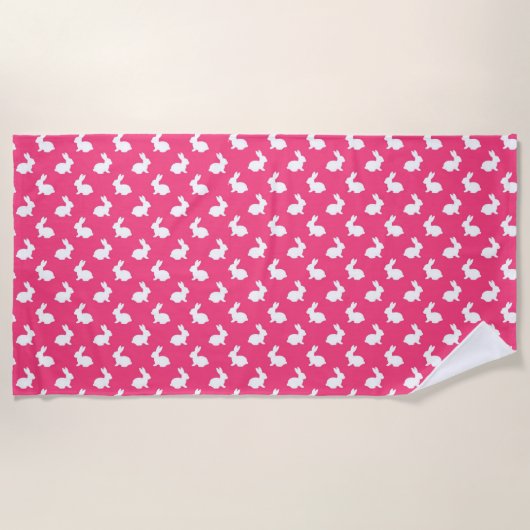 Heet-roze en witte Bunny Rabbits Beach Towel Strandlaken (Voorkant)