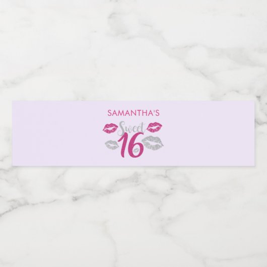 Heet Roze en Zilver Zoet Zestien Verjaardag Waterfles Etiket (Enkel label)