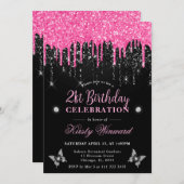 Heet Roze en Zwart Dripping Glitter 21e Verjaardag Kaart (Voorkant / Achterkant)