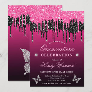 Heet Roze en Zwart Dripping Glitter Quinceanera Kaart