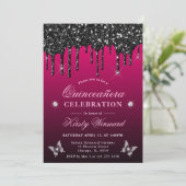 Heet Roze en Zwart Dripping Glitter Quinceanera Kaart (Staand voorkant)