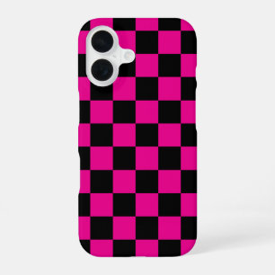 Heet roze en zwart geruit drukwerk iPhone 16 hoesje