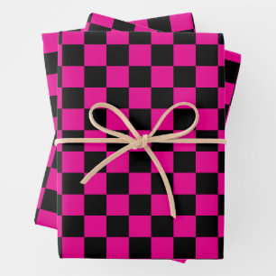 Heet roze en zwart geruit motief inpakpapier vel