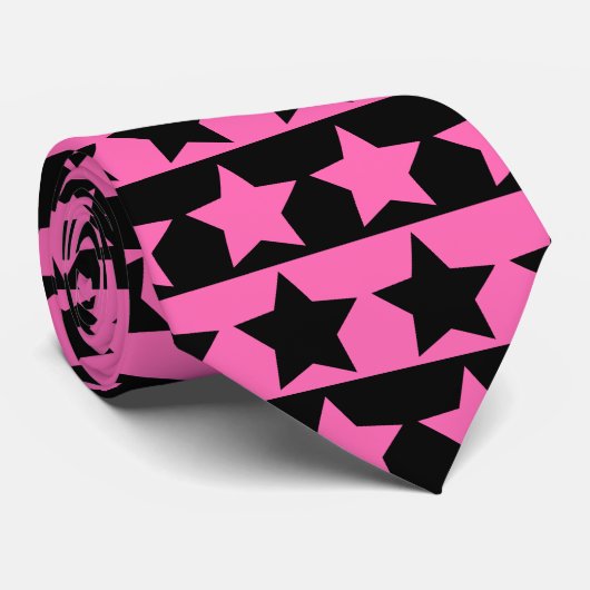 Heet Roze en Zwart Gestreept Stropdas (Sterpatroon (Opgerold)