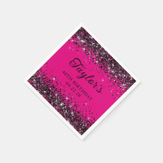 Heet Roze en Zwart Glitter 40e Verjaardag Servet (Hoek)