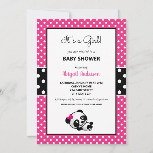 Heet Roze en Zwart Panda Beer Baby shower Kaart (Voorkant)