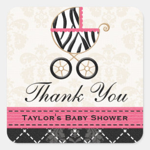 Heet Roze en Zwart Zebra Baby Carriage Bedankt Vierkante Sticker