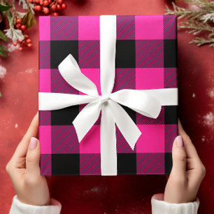 Heet roze en zwarte Buffalo geruite Kerstmis Inpakpapier Vel