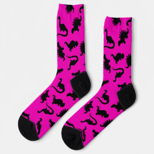 Heet roze en zwarte dinosaurus-silhouet sokken