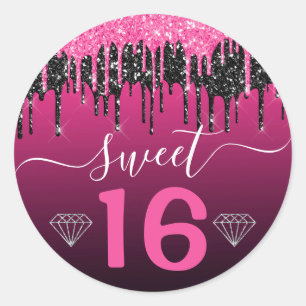 Heet roze en zwarte druipende glitter Sweet 16 Ronde Sticker