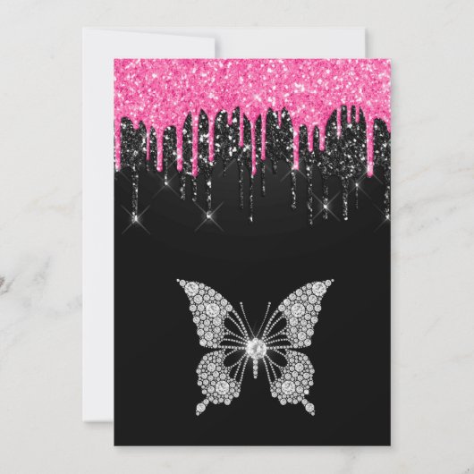 Heet Roze en Zwarte Druppelende Glitters 21e Verja Kaart (Achterkant)