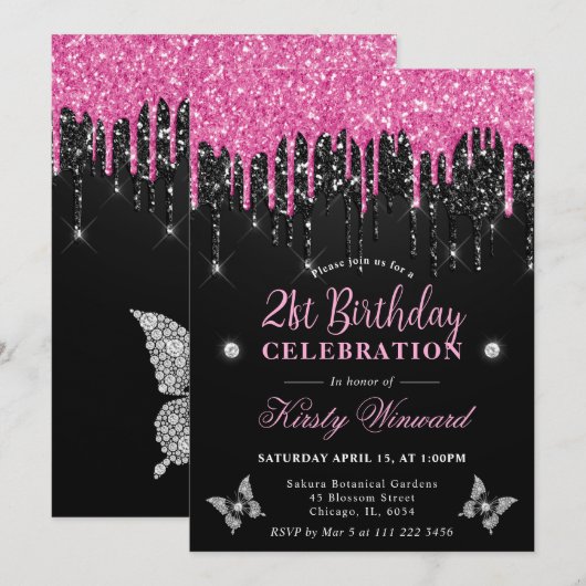 Heet Roze en Zwarte Druppelende Glitters 21e Verja Kaart (Voorkant / Achterkant)