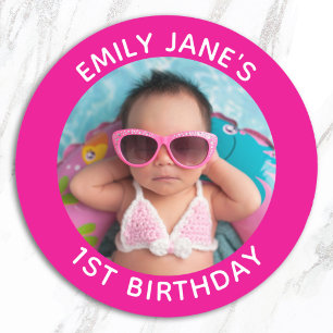 Heet Roze Familie Foto 1e Verjaardag Favor Ronde Sticker
