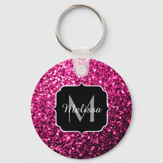 Heet roze faux glitter sparkles Monogram Sleutelhanger (Voorkant)