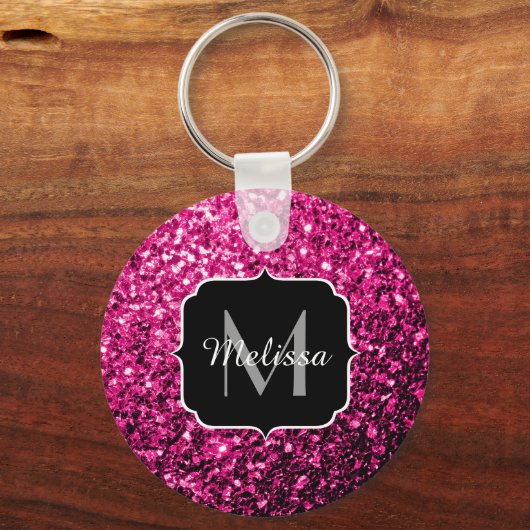 Heet roze faux glitter sparkles Monogram Sleutelhanger (Achterkant)