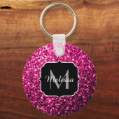 Heet roze faux glitter sparkles Monogram Sleutelhanger (Voorkant)