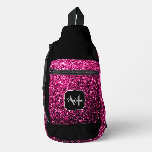 Heet roze faux glitter sparkles Zwart Monogram Sling Bag (Voorkant)