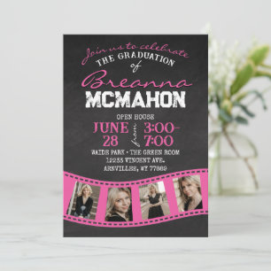 Heet Roze Filmstrip Chalkboard Afstudeerder Invita Kaart