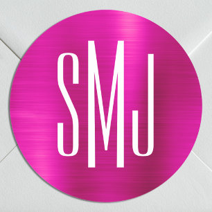 Heet Roze Folie Drielettermonogram Ronde Sticker